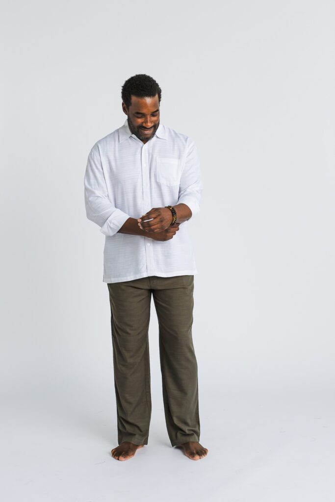 Kingston Grange white bamboo shirt and trousers.